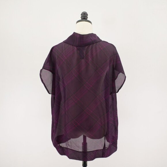Apostrophe Sheer Purple Plaid Rolled Neck Poncho Blouse Top Sleeveless XL Polyes - Picture 5 of 8